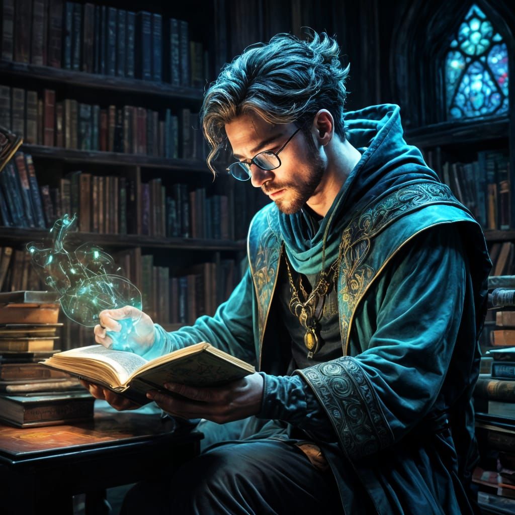 Biopunk Wizard Student at School, Watercolor Art