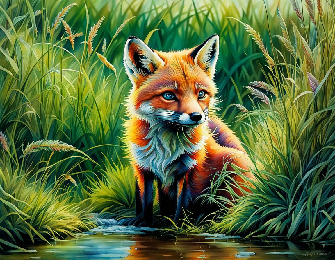 Young fox crouching in the long grass