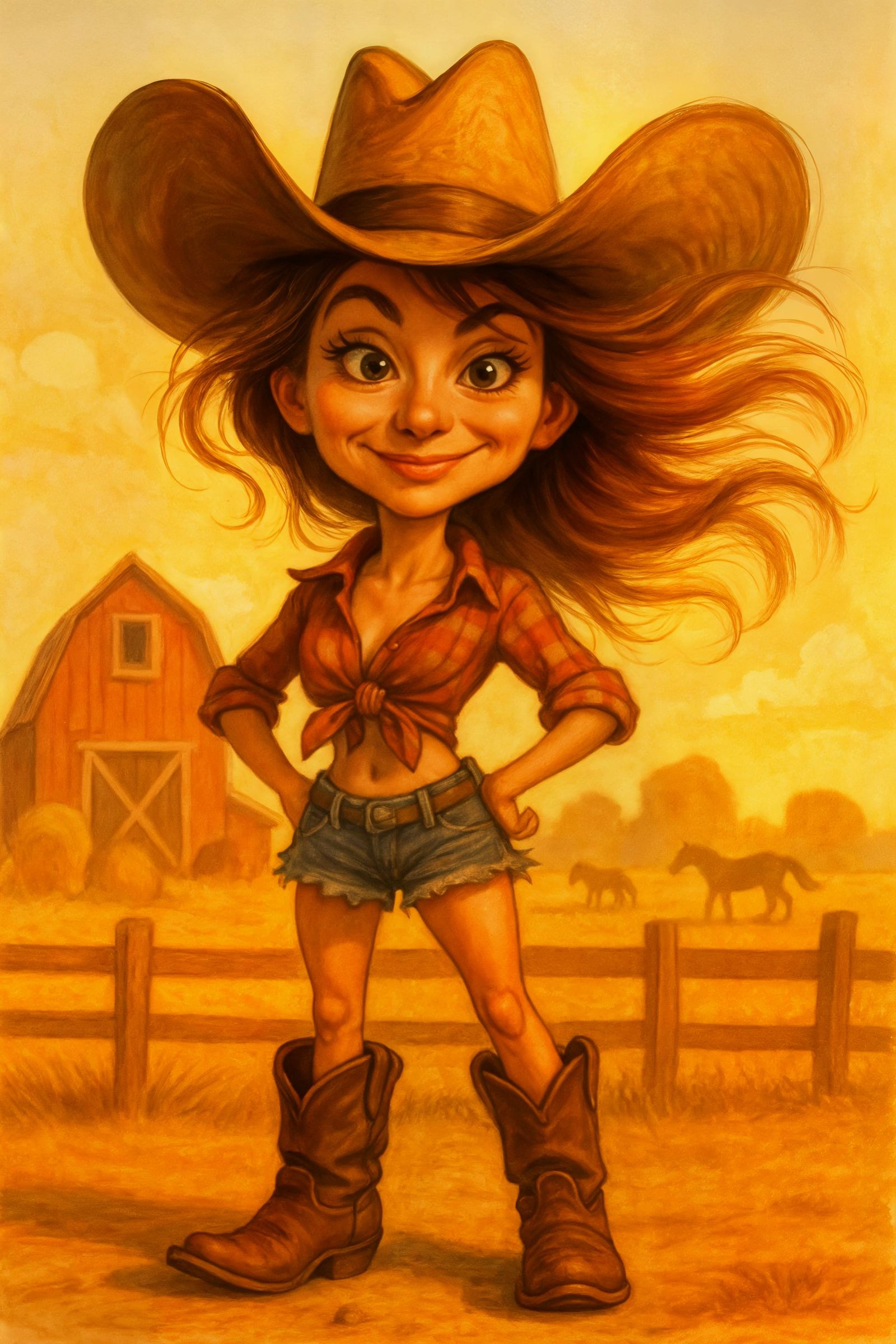 Playful Cowgirl Caricature on Sunny Farm