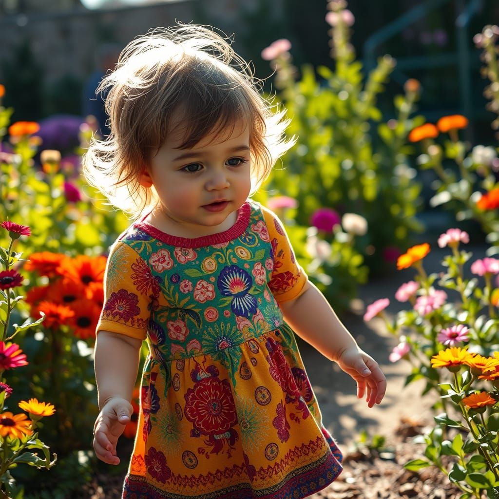 Child Playing in Sunlit Garden as Digital Art