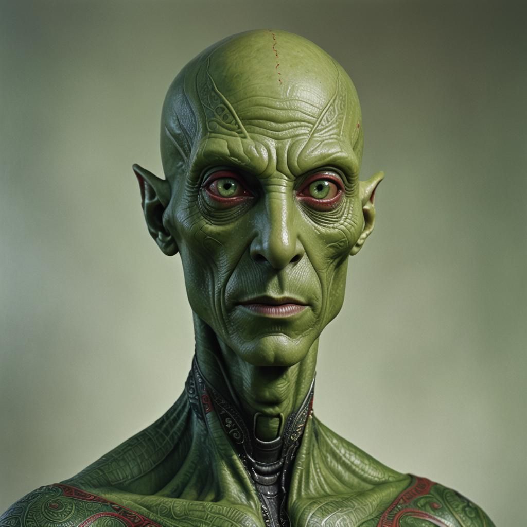Hyperrealistic Portrait of Green Alien Man with Tattoos