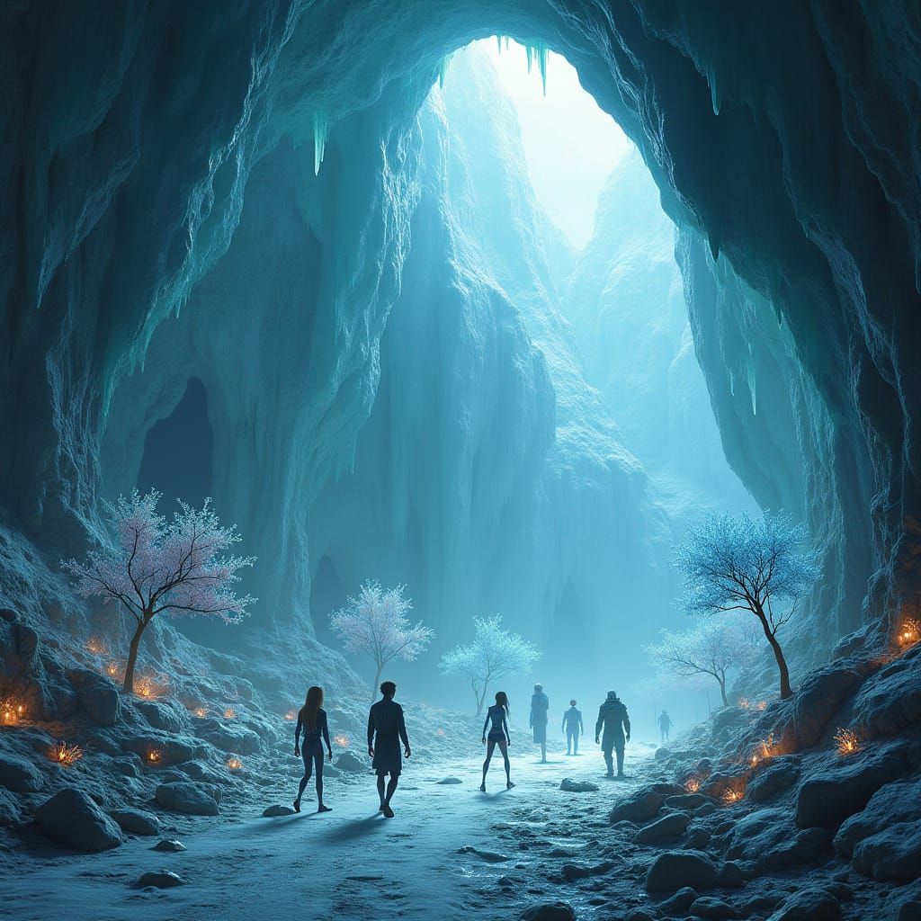 Icy Crystal Cave: Alien City in Comic Book Style
