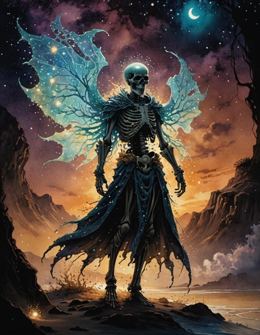 Ghostly Sand Skeleton on Magical Beach: 80s Anime Watercolor