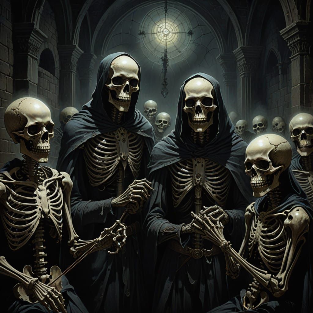 Skeletal Musicians Dance Macabre in a Haunting Medieval Scen...