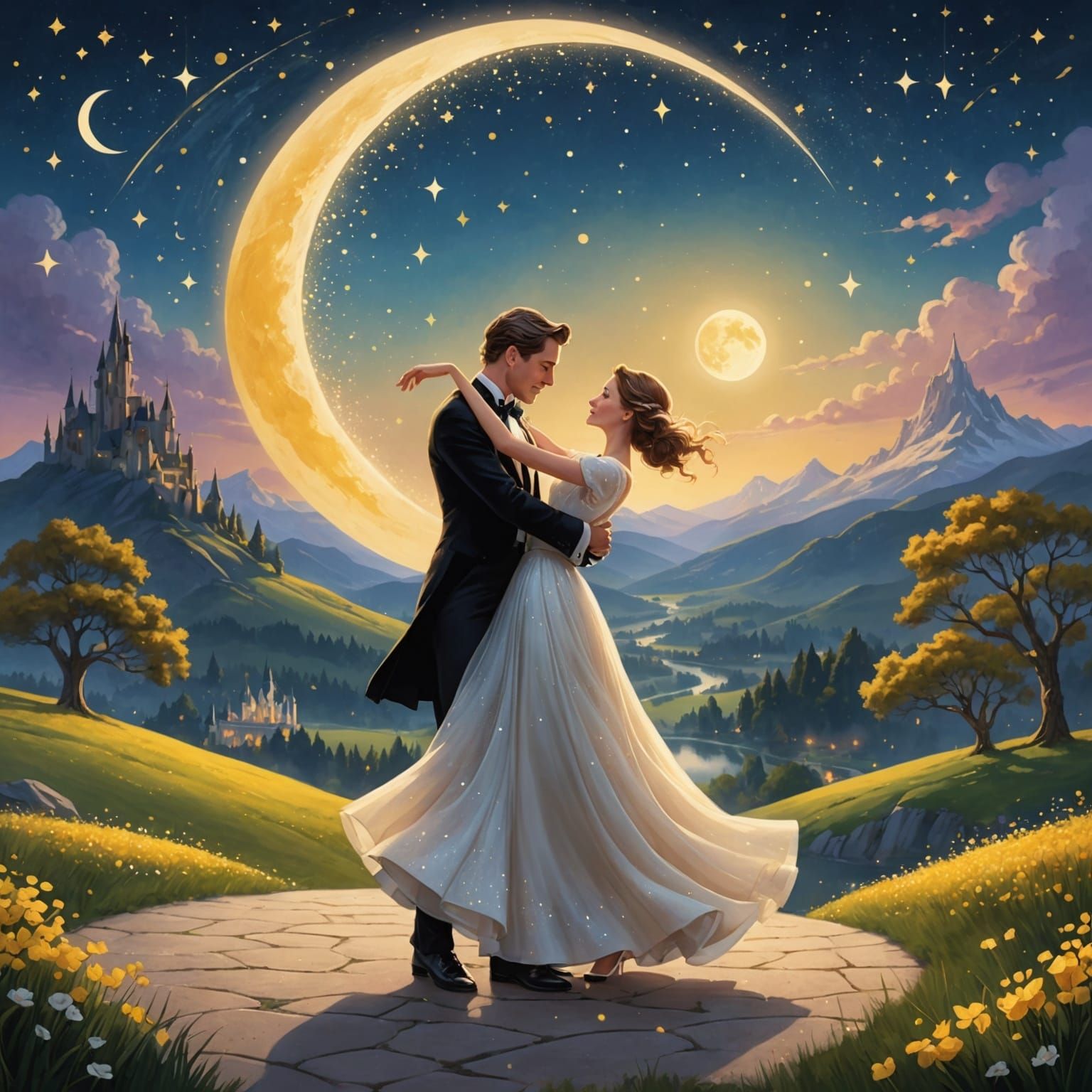 Cartoon Couple Dancing in Fairytale Landscape
