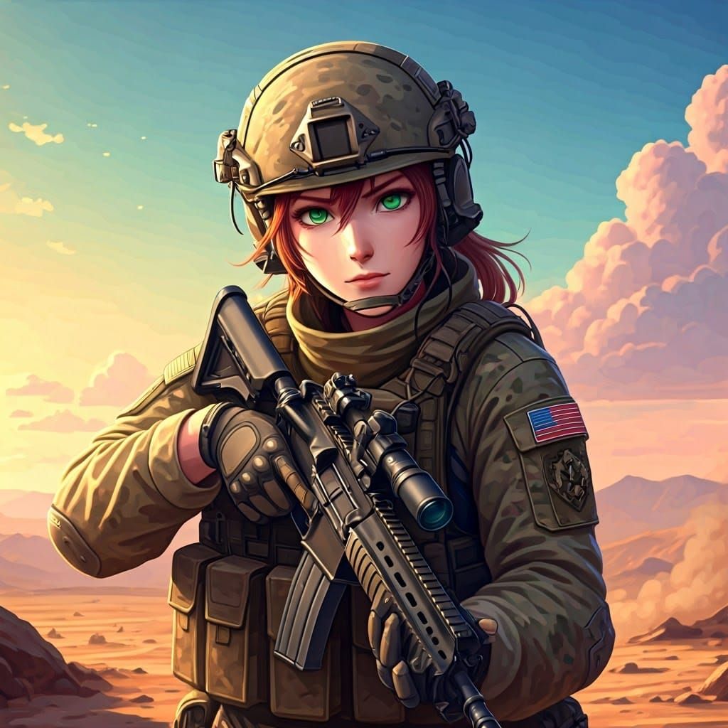 Anime Soldier in Harsh Desert Combat Environment