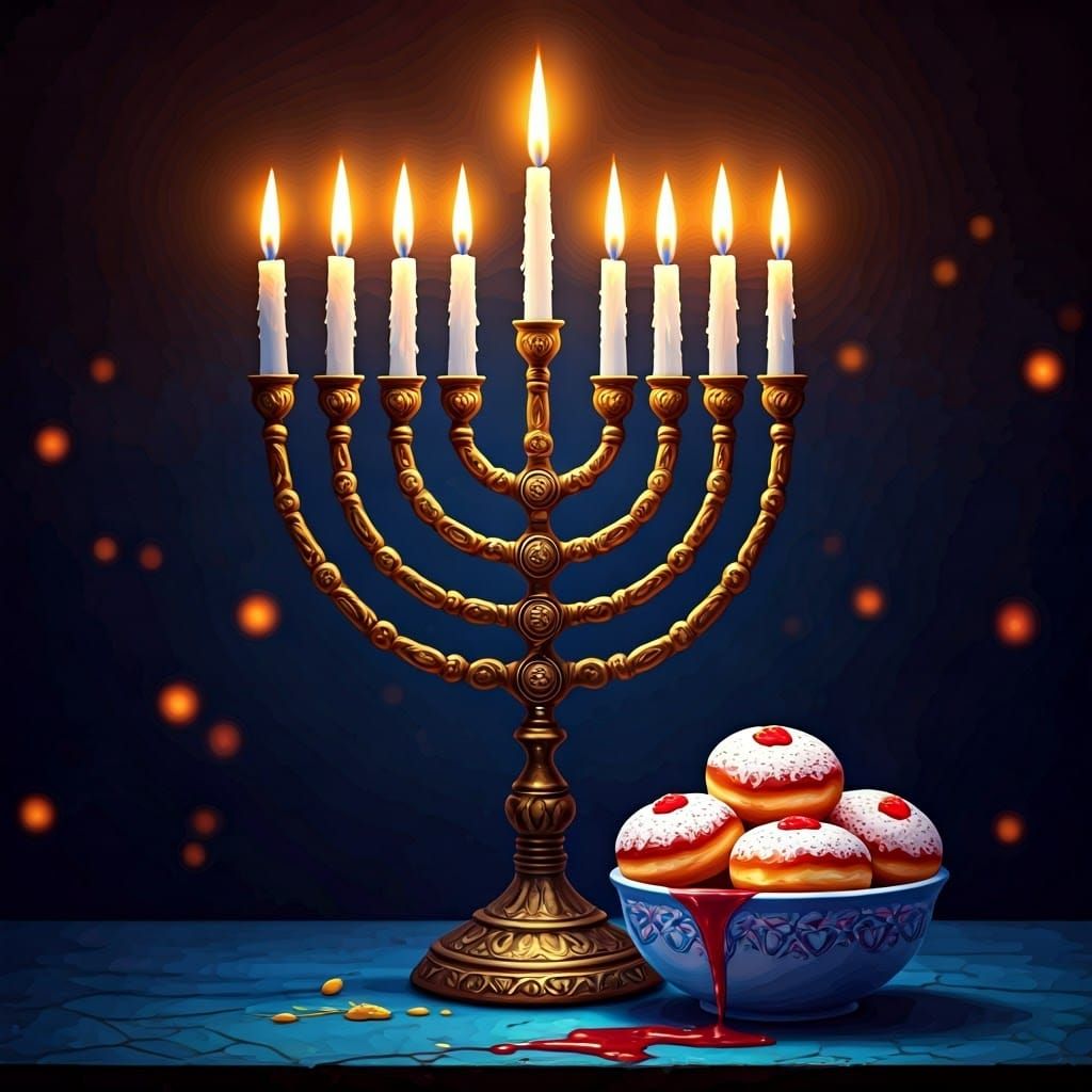 Majestic Hanukkah Menorah with Glass Cups and Sufganiyot