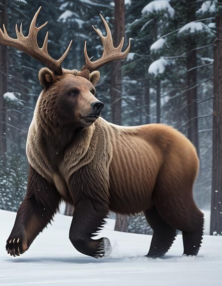 Grizzly Bear Elk Hybrid Fusion with Antlers