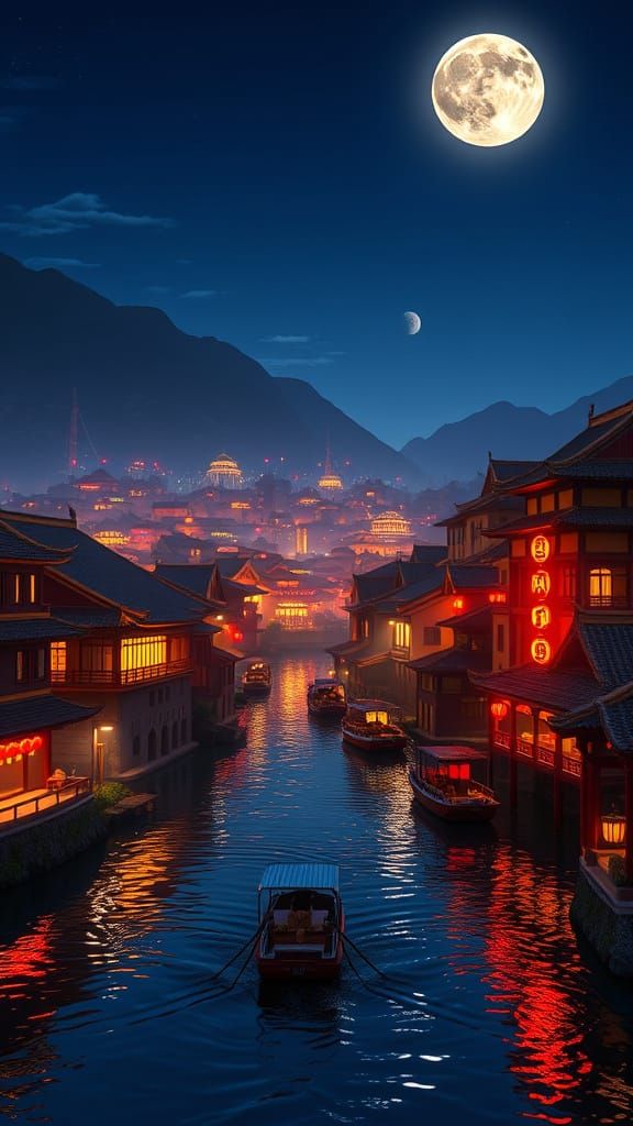 Moonlit Chinese Town at Night: 3D Digital Art