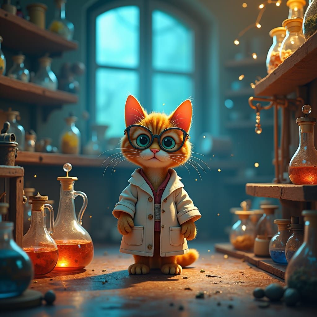 Tabby Cat Mad Scientist in Pixar Animation Style