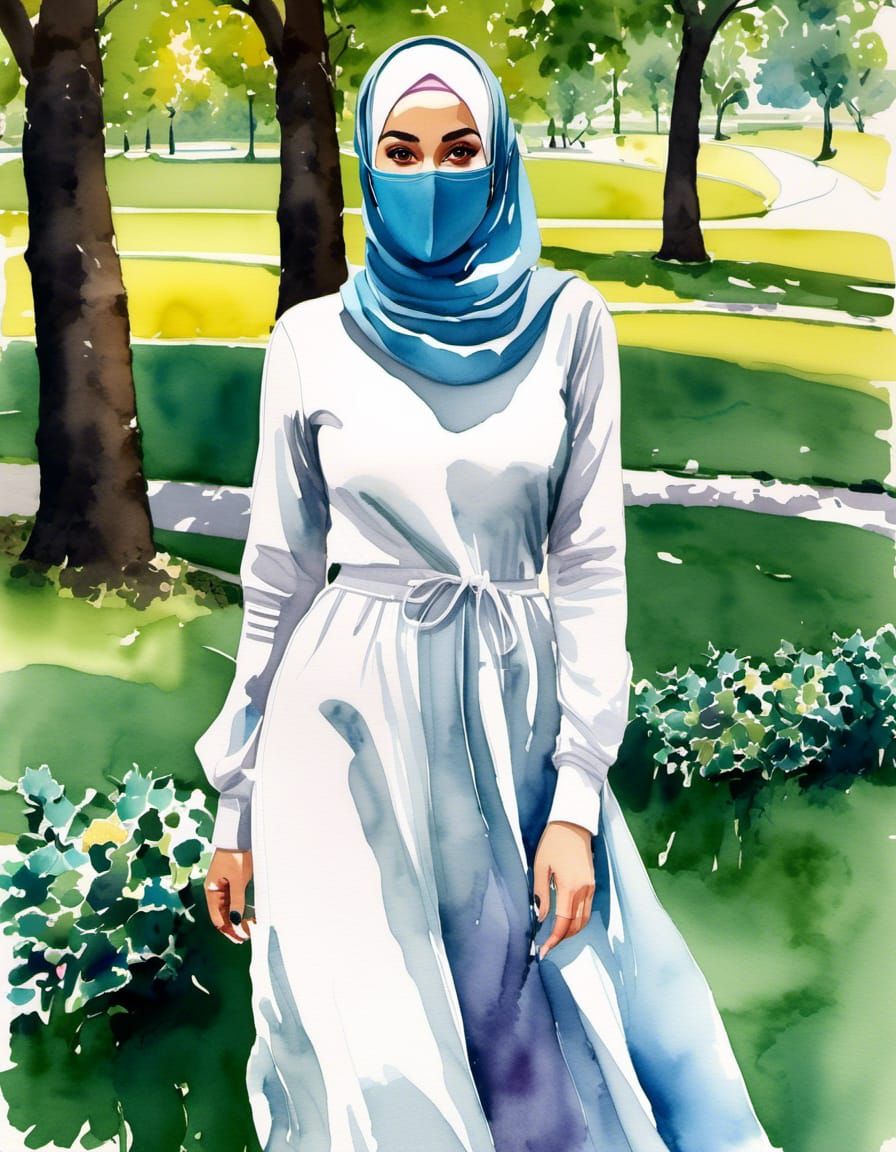 Charming Masked Woman in Park, Watercolor Portrait