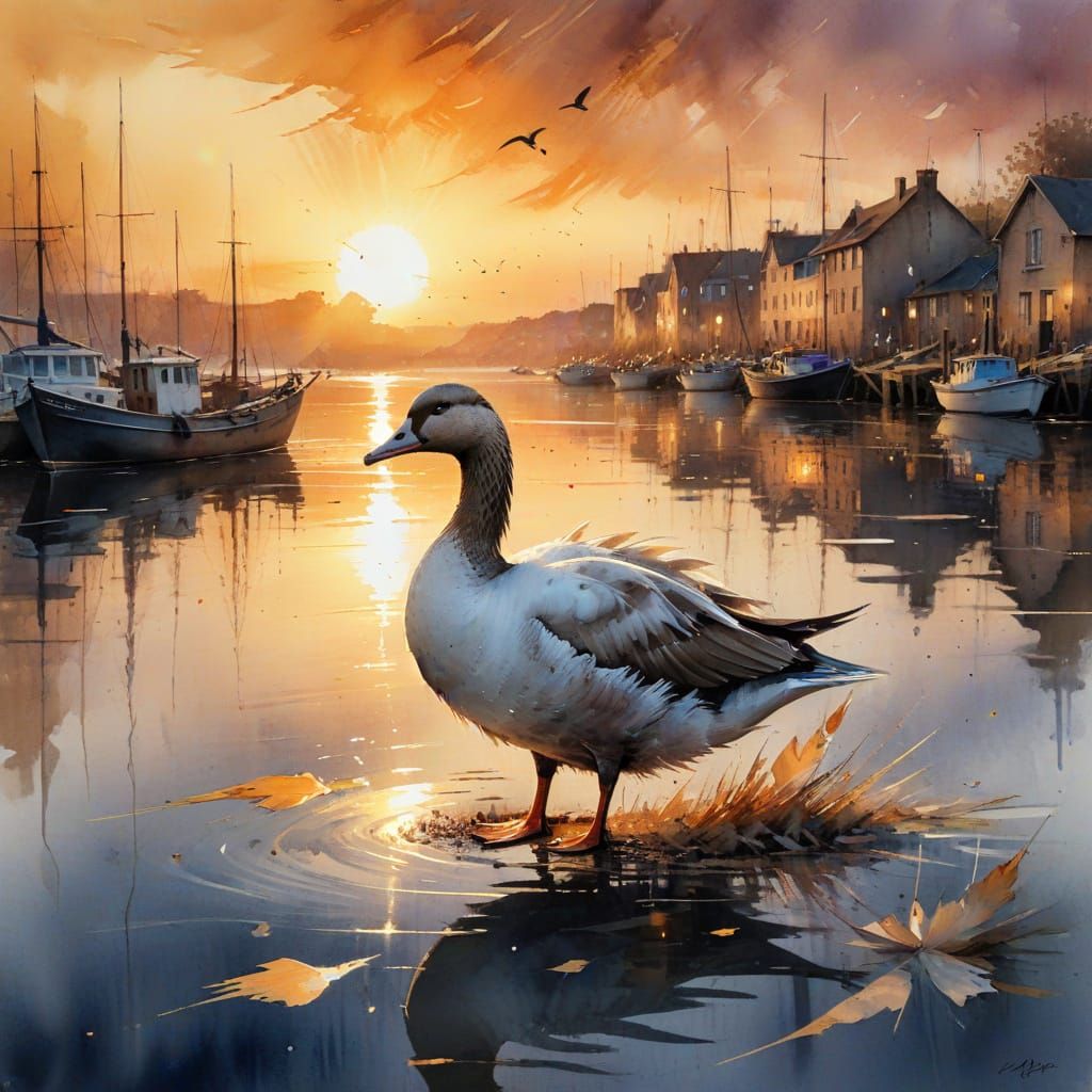 Sunset Harbor Scene with Feather in Watercolor Style