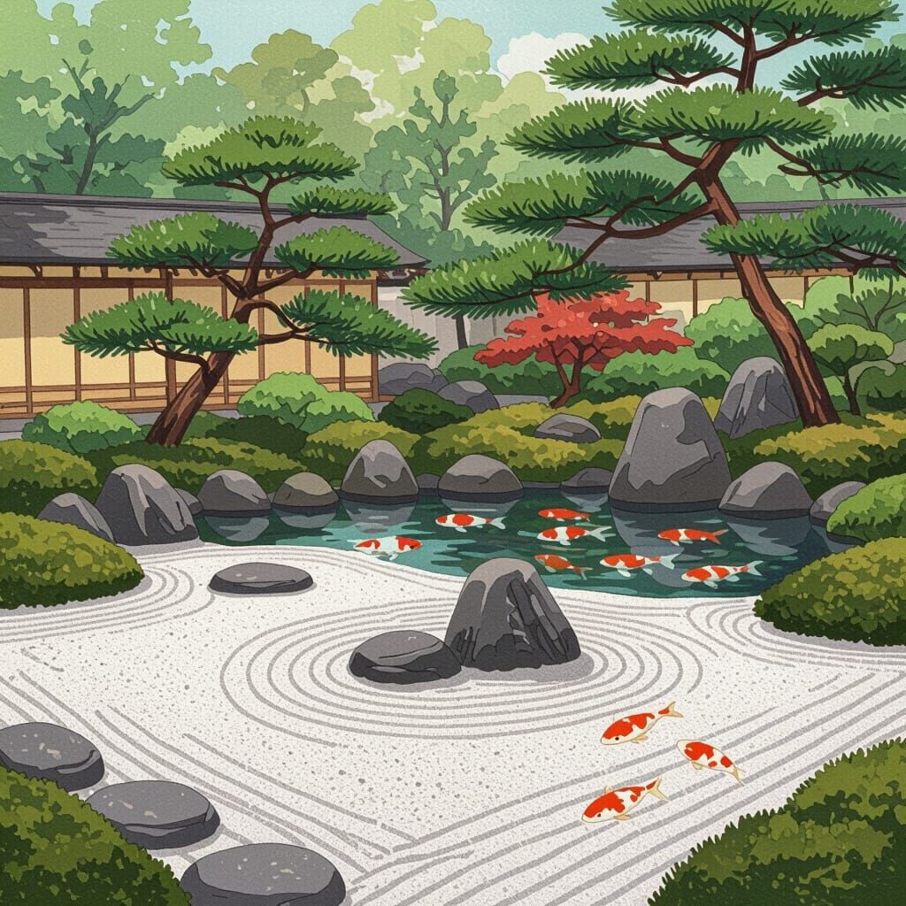 Zen Garden with Koi Pond in Japanese Style