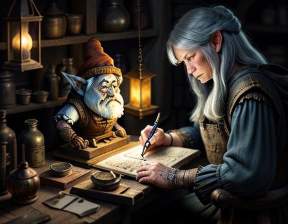 Gnome Repairs Automaton in Dark Fantasy Digital Art