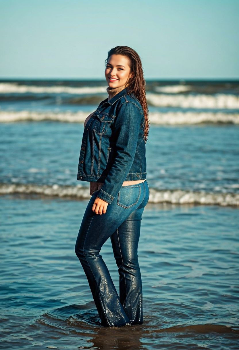 Woman Enjoys Sunny Autumn Beach Day In Big Waves