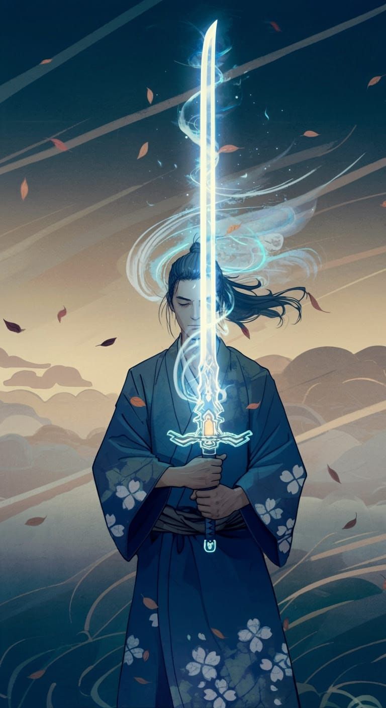 Serene Samurai Wields Radiant Elemental Sword in a Whimsical...