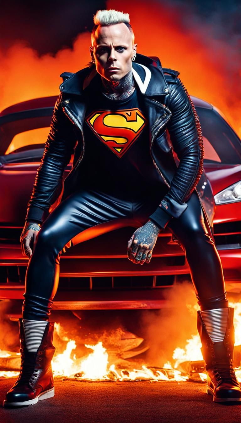 Keith Flint as Superman in Burning Car Scene