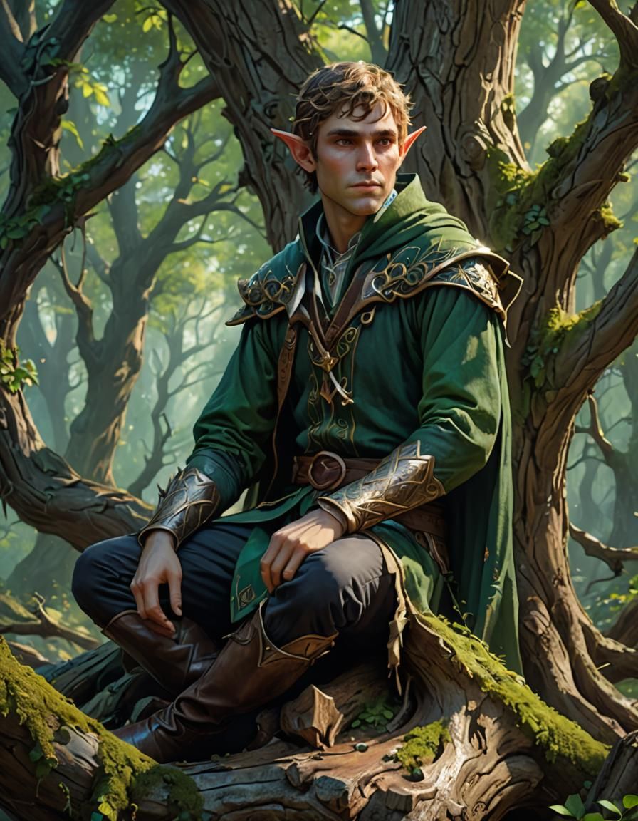 Elf Prince Portrait in Magical Forest, Hyperrealistic Art