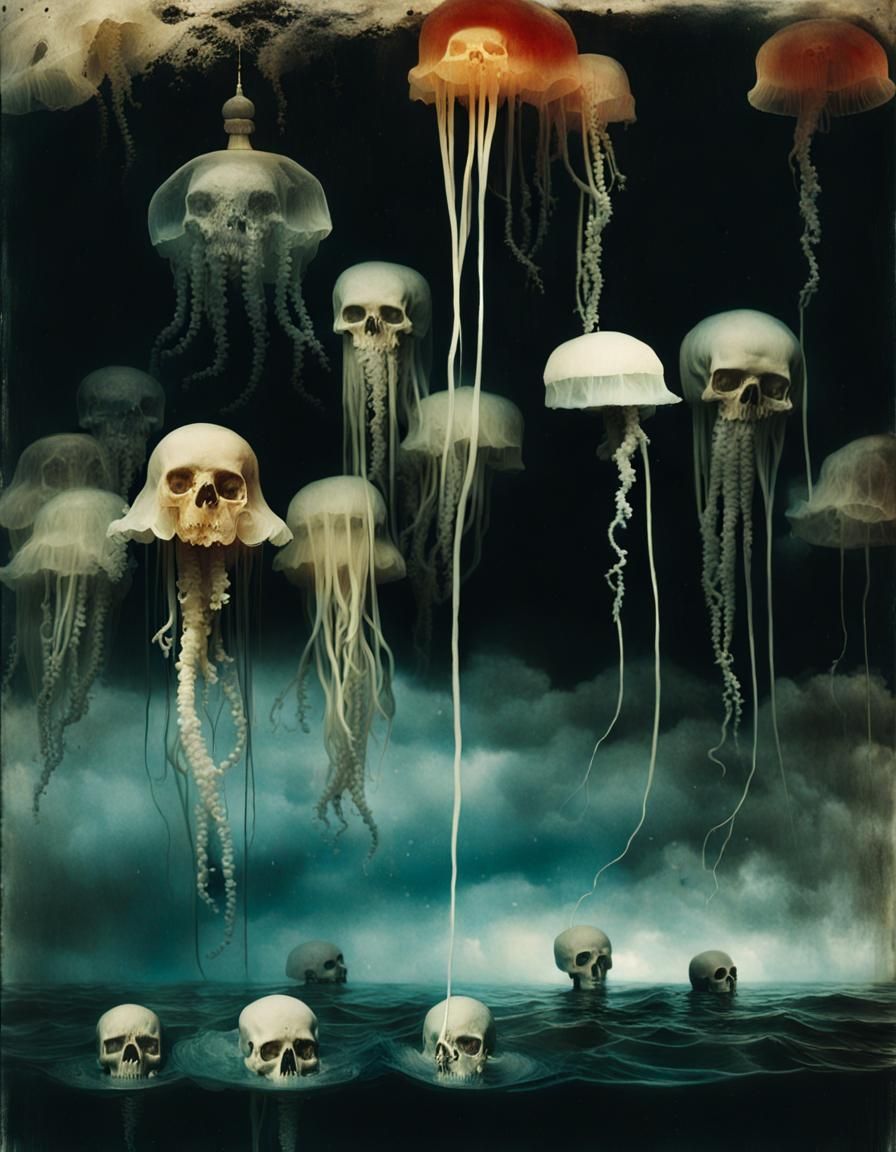 Surreal Baptism of Jellyfish Skulls: Abstract Painting