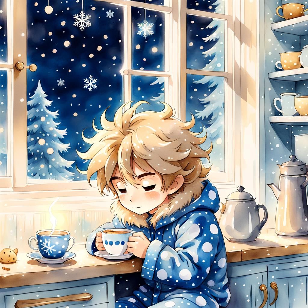 Chibi Boy Sips Tea in a Cozy Watercolor Christmas Scene