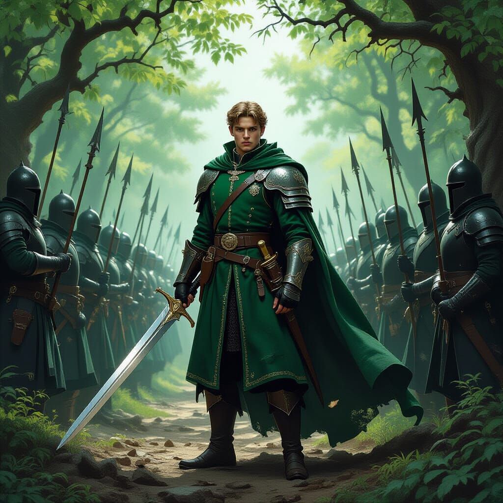 Young King with Army in Dark Fantasy Grove