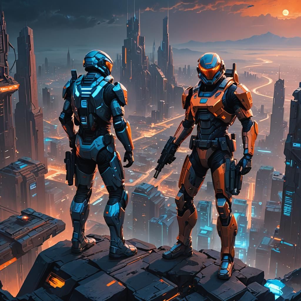 Futuristic Soldiers Overlook Dystopian City in Cyberpunk Sty...