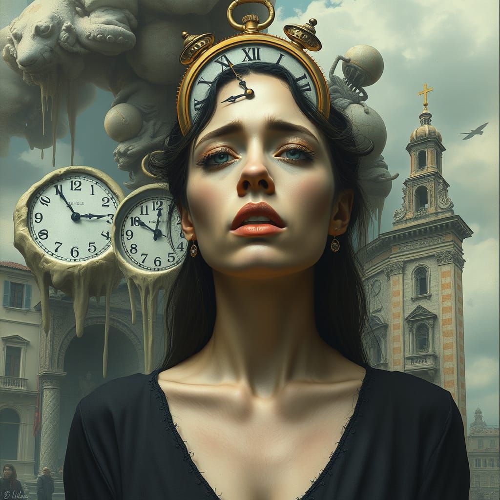 Distressed Woman in Melting Surrealist Cityscape