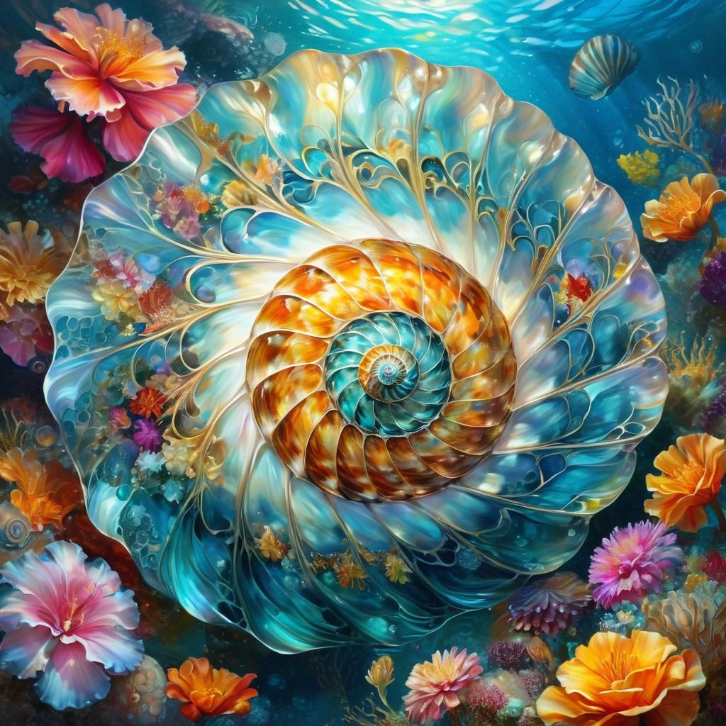 Iridescent Shell with Fractal Flowers in Art Nouveau Style