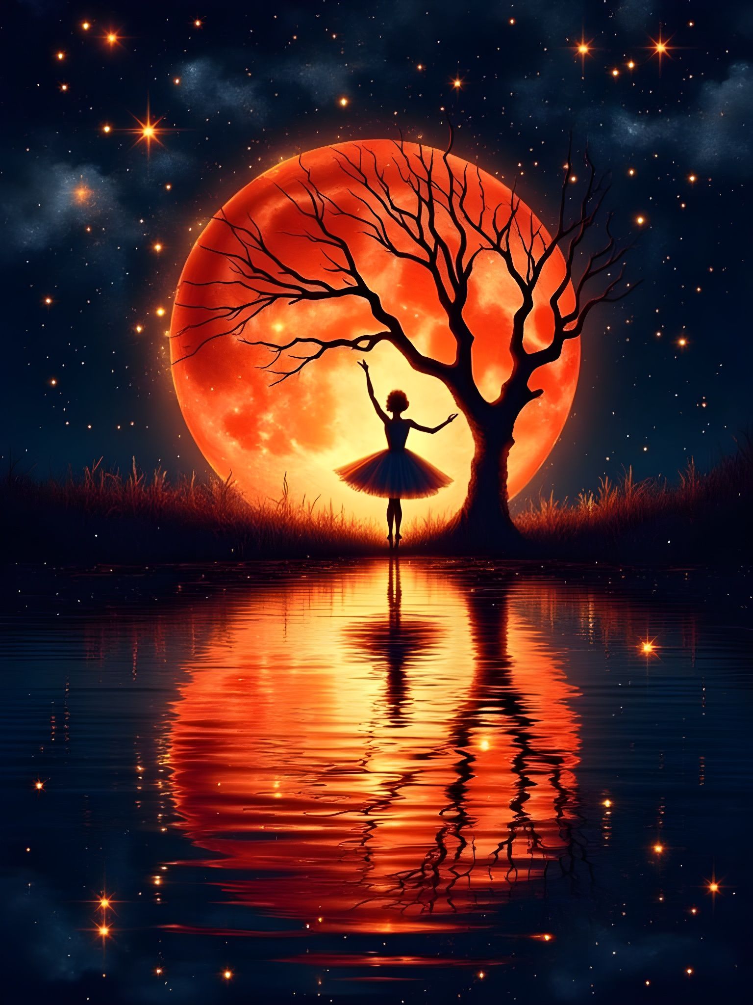 Blood Moon Ballet: Surreal Night Reflection