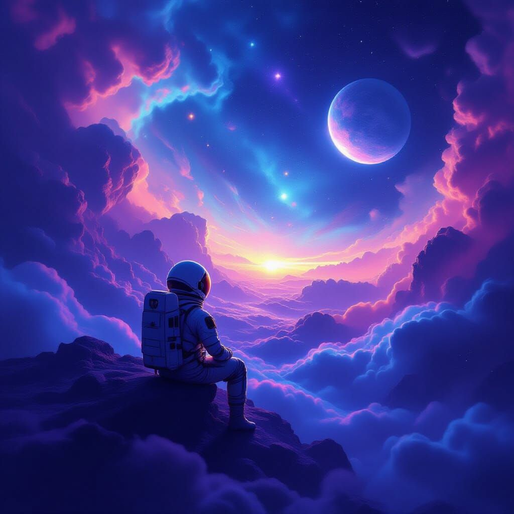 Astronaut Adrift in Cosmic Nebula Gazing at Distant Planet