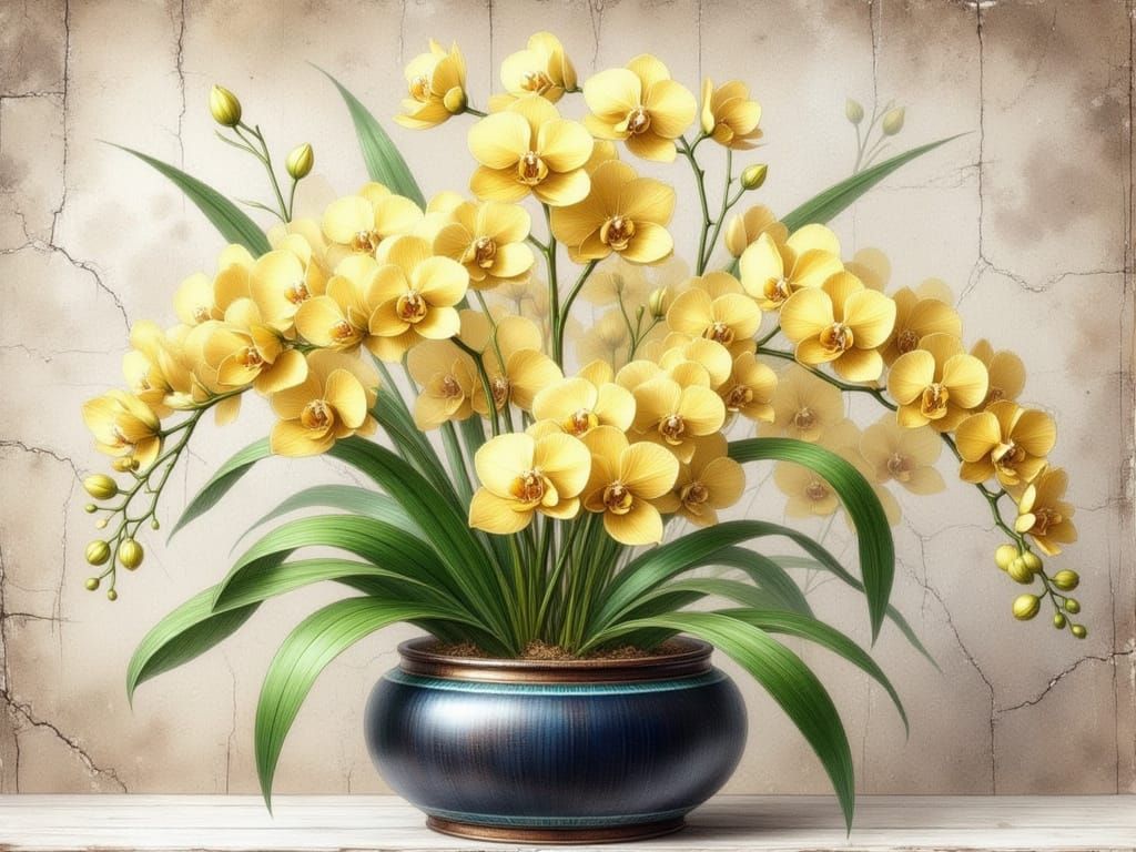 Yellow Cymbidium Orchid in Botanical Art Style