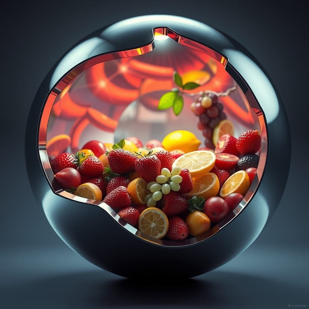 Surreal Hyperrealistic Fruit Arrangement Inside Metal Sphere