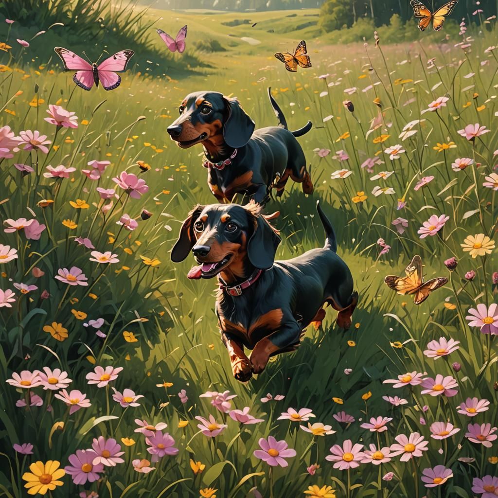 Dachshunds in Flowery Meadow: Dreamlike Digital Painting