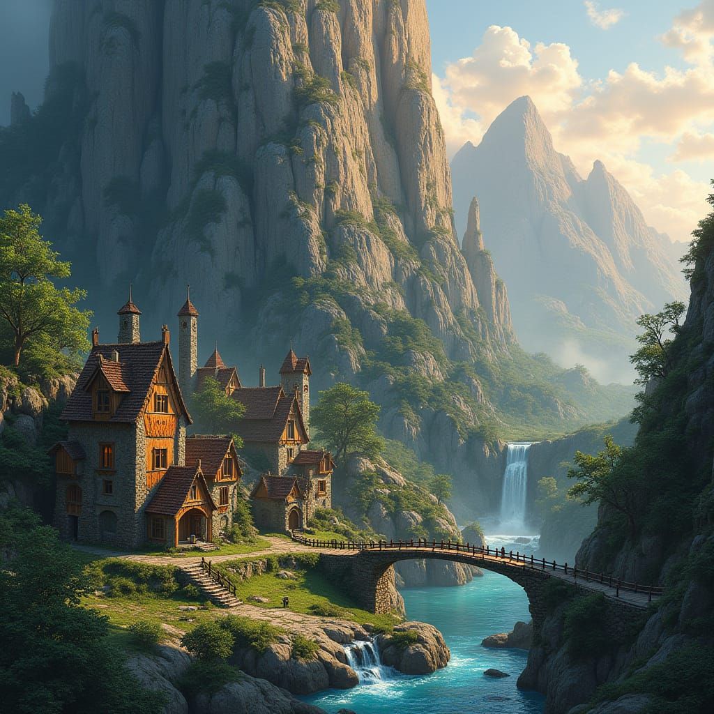 Dwarven Village Beside Majestic Mountain, with Mine Entrance...