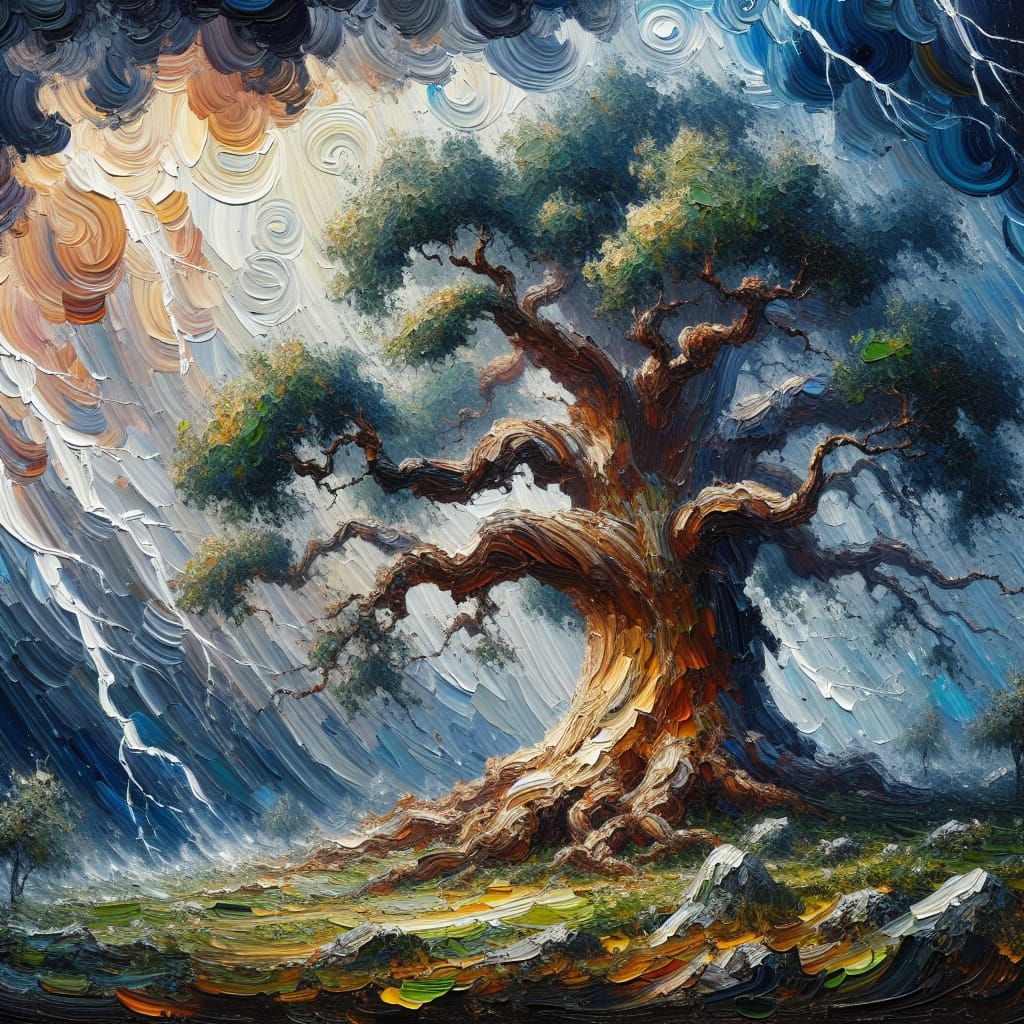 Stormy Tree as Impasto Oil Painting