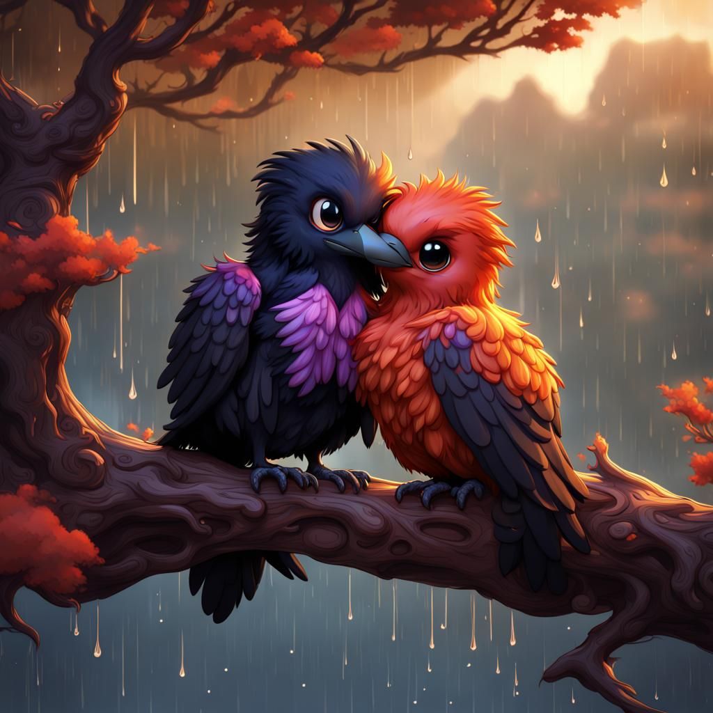 Chibi Phoenix and Raven Cuddling in the Rain