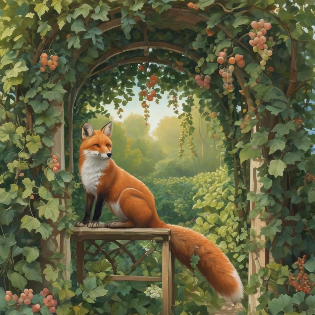 Whimsical Fox Surveys Luscious Grapes Amidst Sunset Golden H...