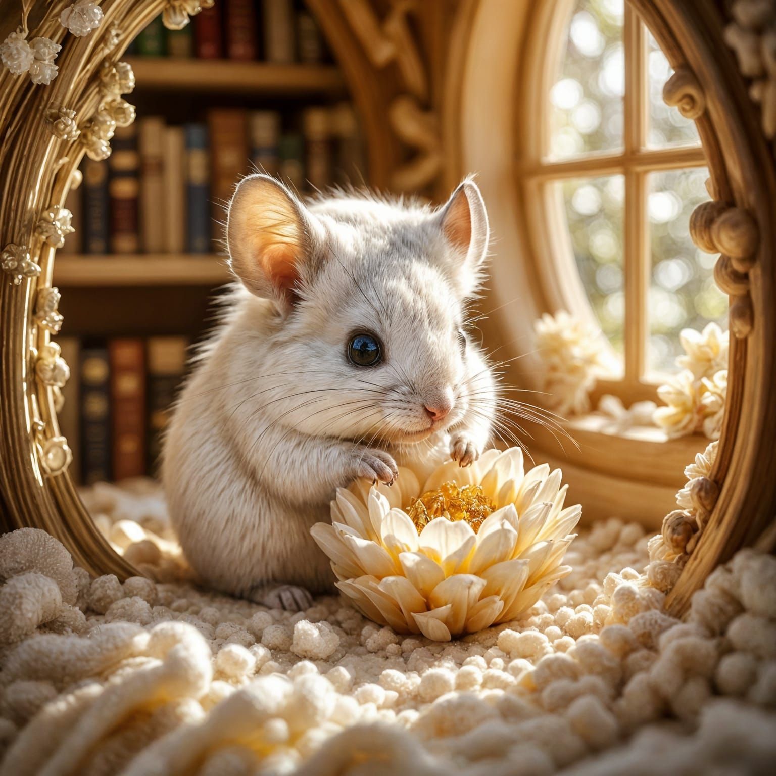 Milk White Chinchilla Nibbling Honey Flower