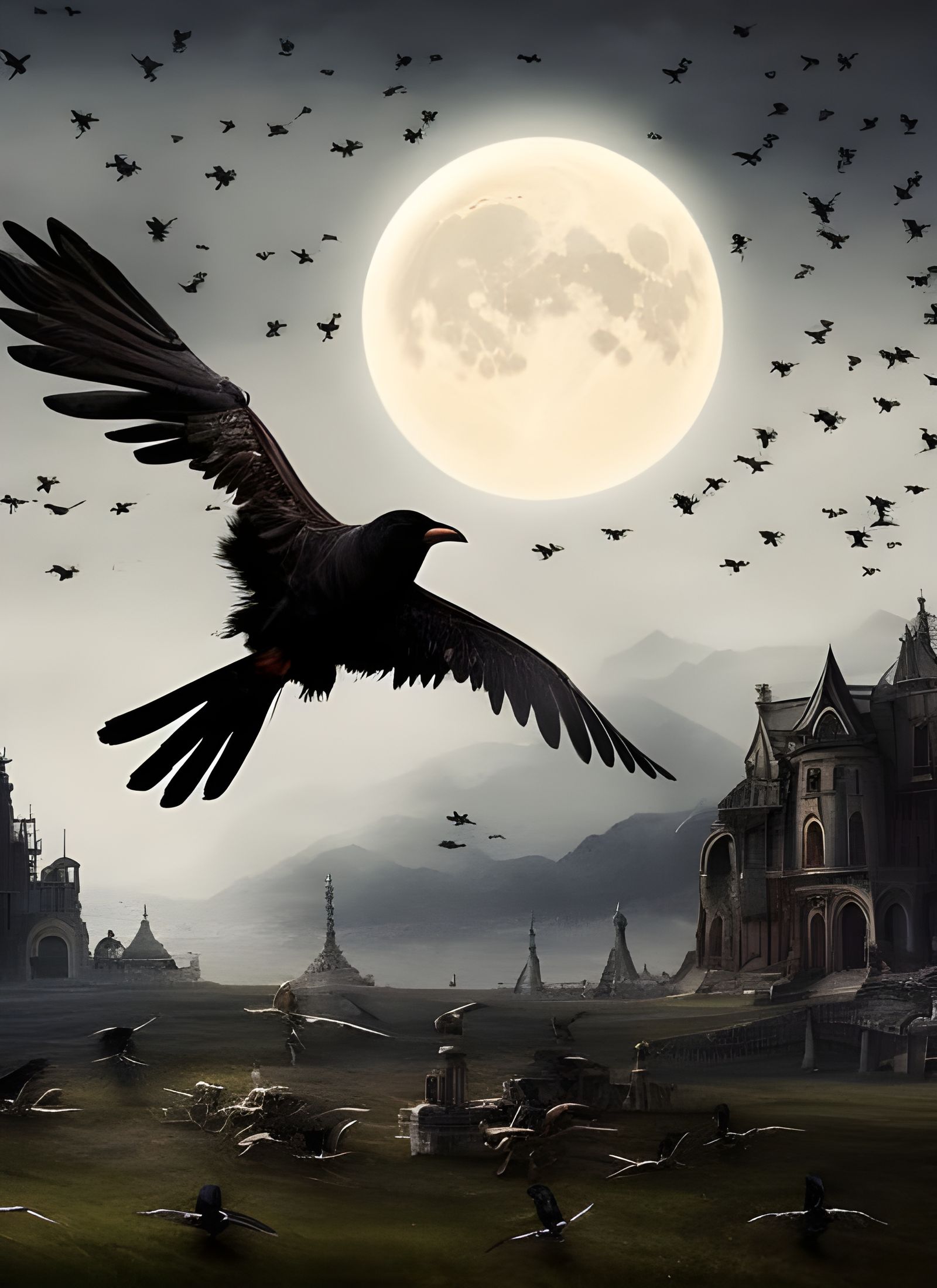 Dramatic Crows Soaring Under a Starry Moon