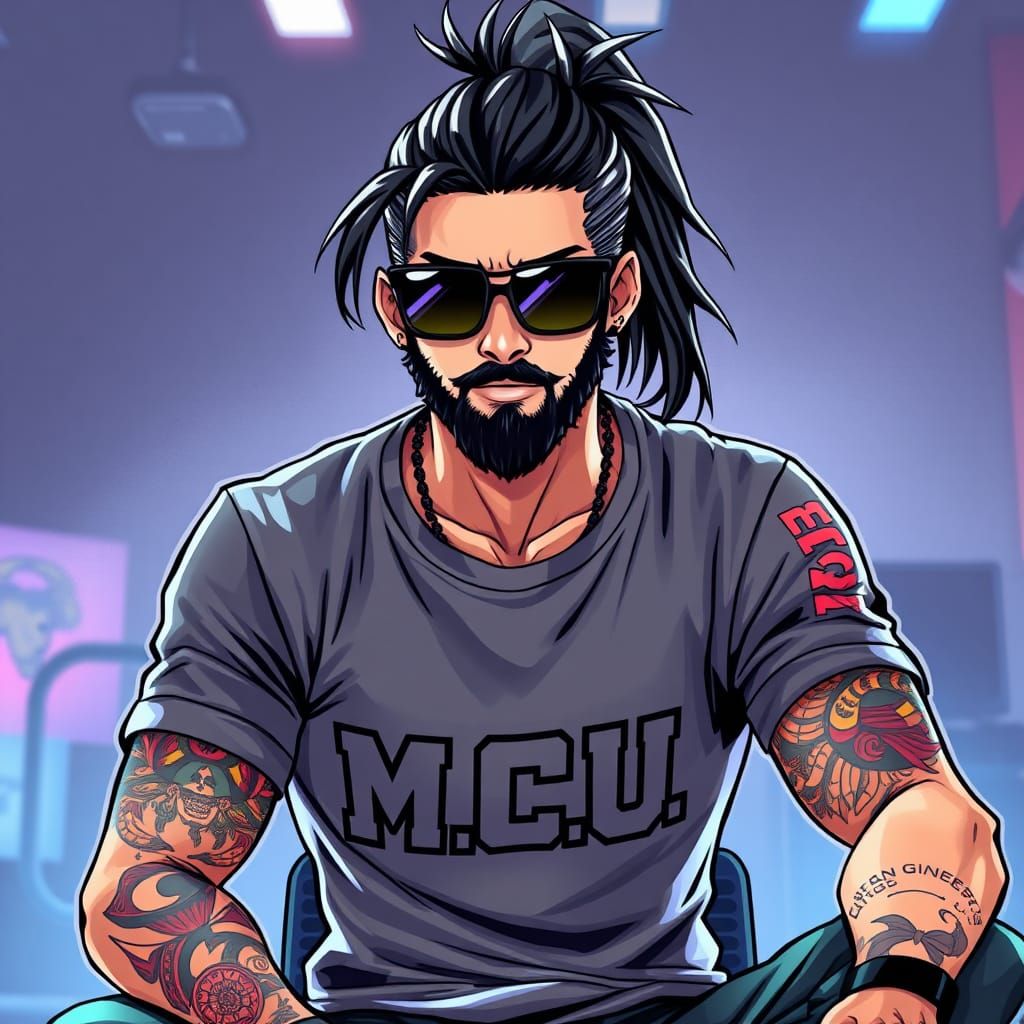Anime Gamer with Ponytail and MCU Shirt