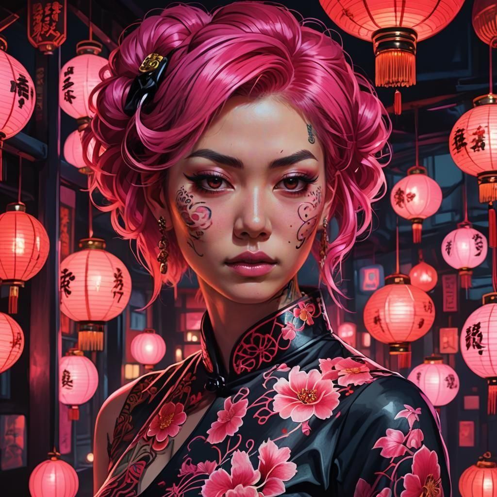 Tattooed Yakuza Portrait in Synthwave Neon