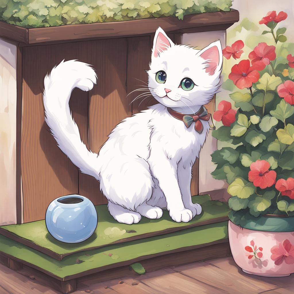 Kitten with Heartease Flowers in Haboku Style
