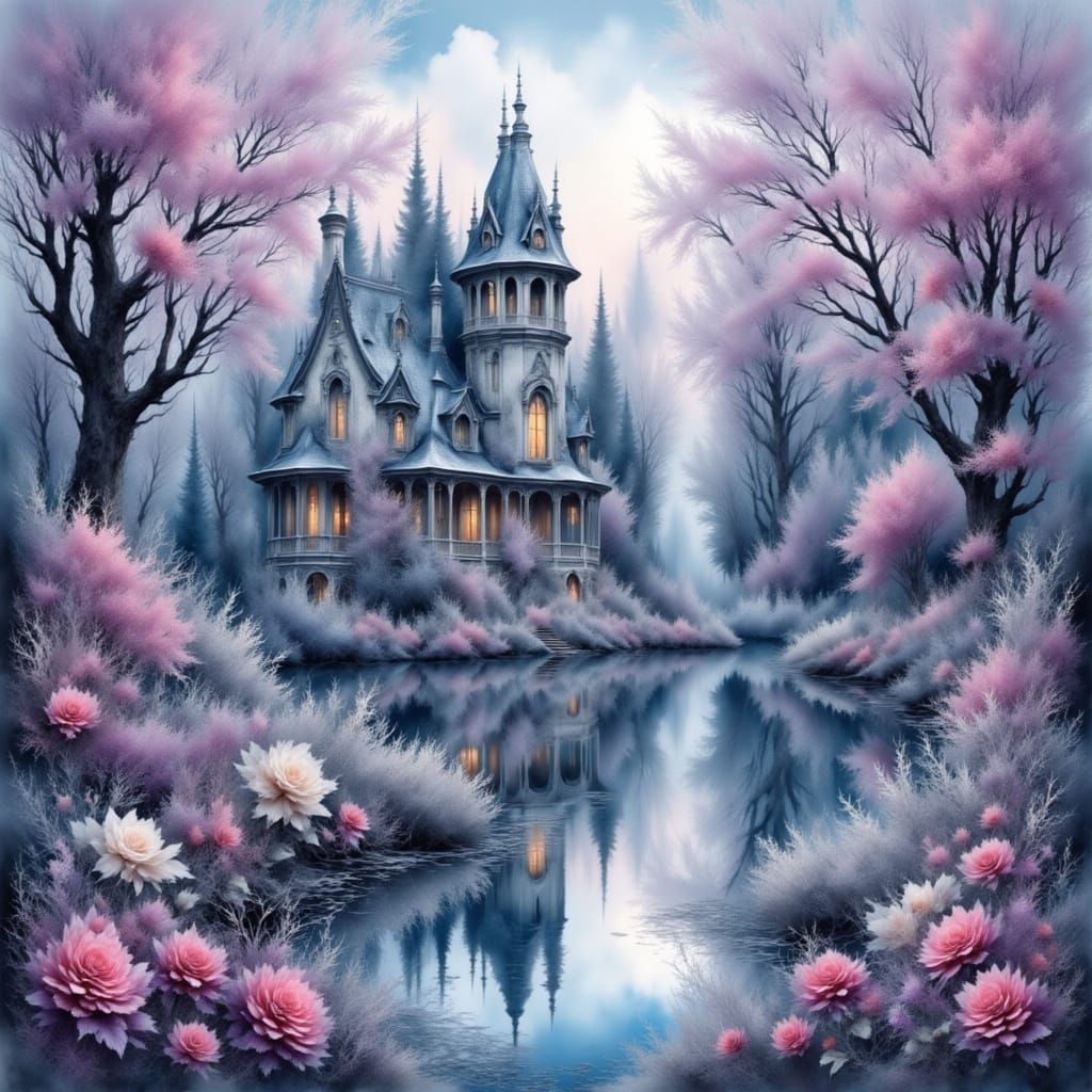 Ethereal Gothic Mansion in Pastel Hues