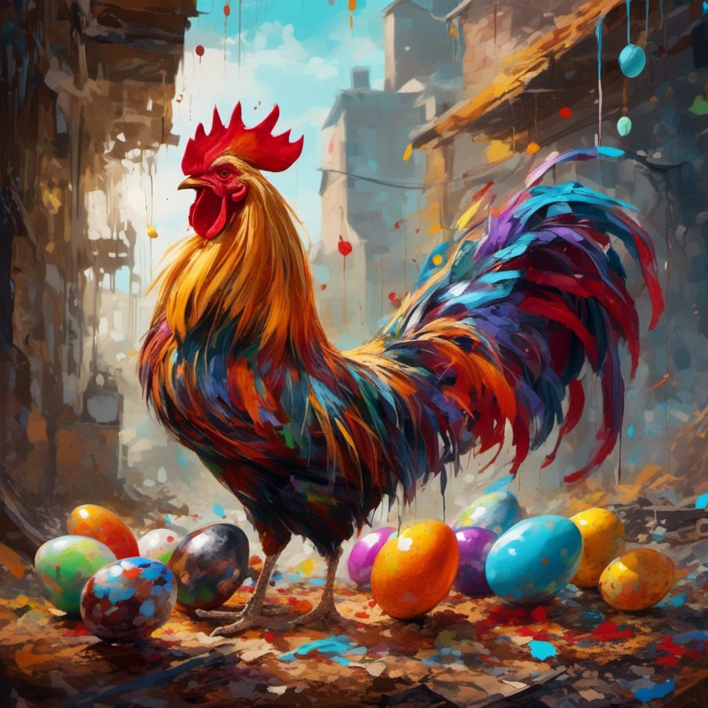 Hens, Rooster, and Vibrant Eggs as Graffiti Art