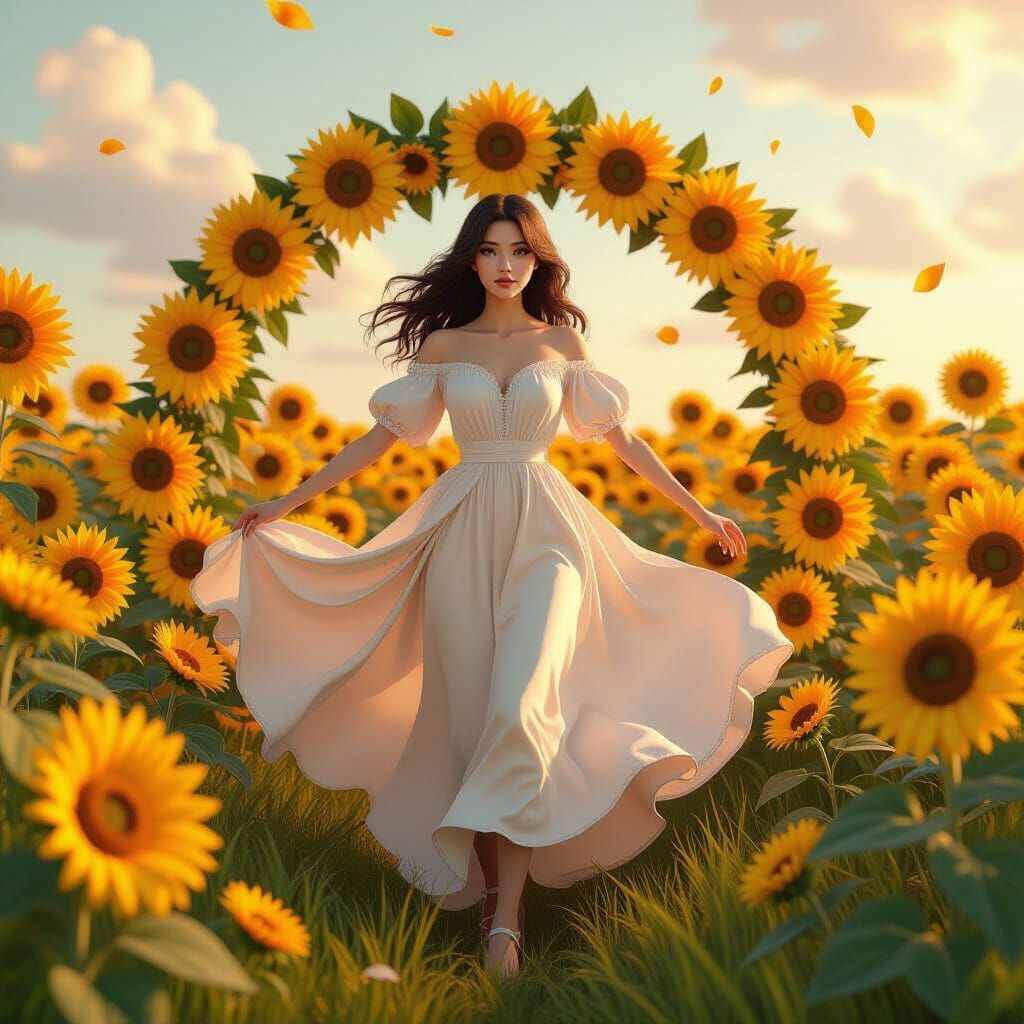 Anime Woman Surrounded by Sunflowers in 3D