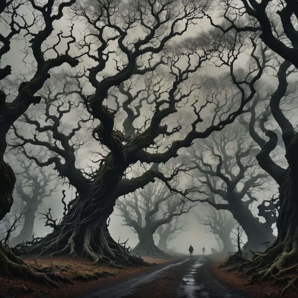 Eerie Dark Fantasy Landscape with Twisted Trees