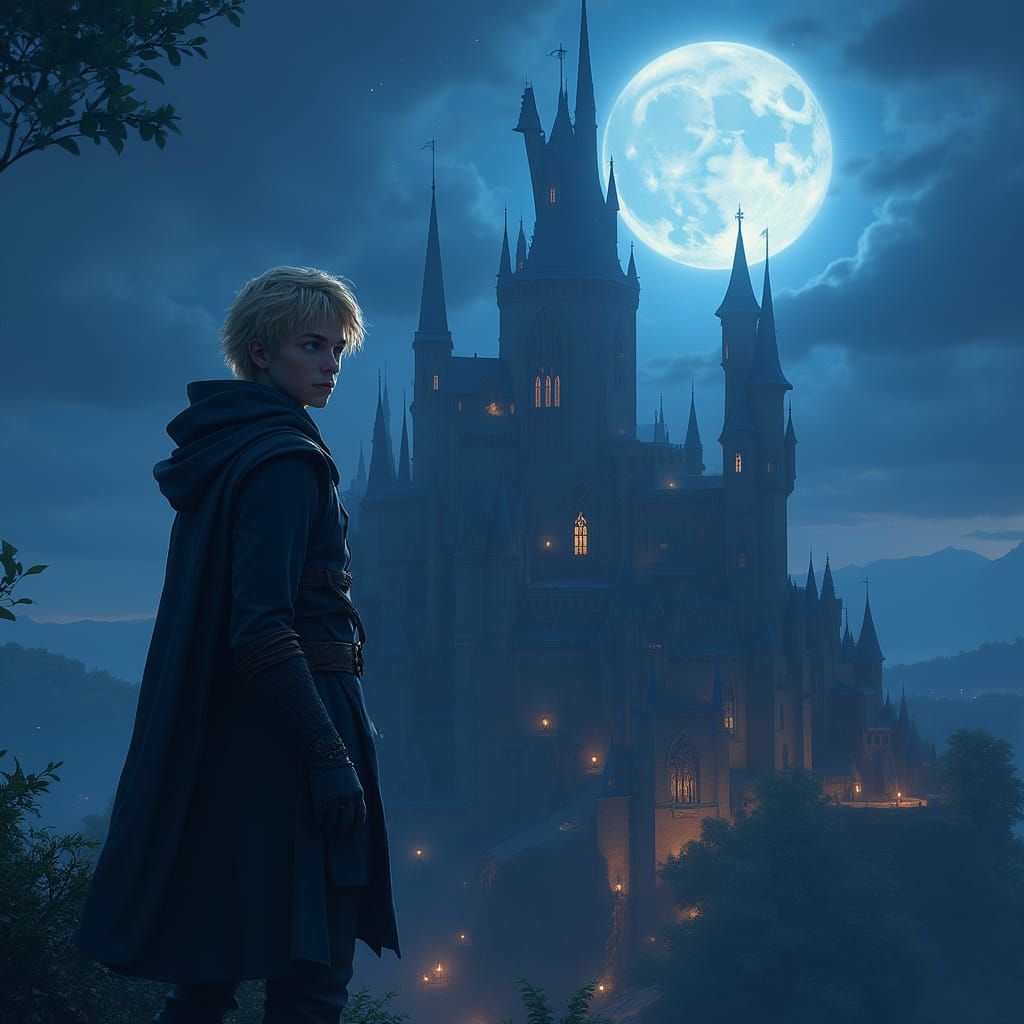 Mysterious Rogue Overlooks Castle Town at Night in a Cyberpu...