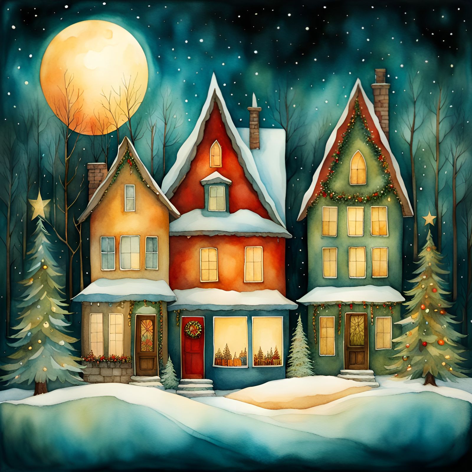 Picturesque Christmas Town in Watercolor Style