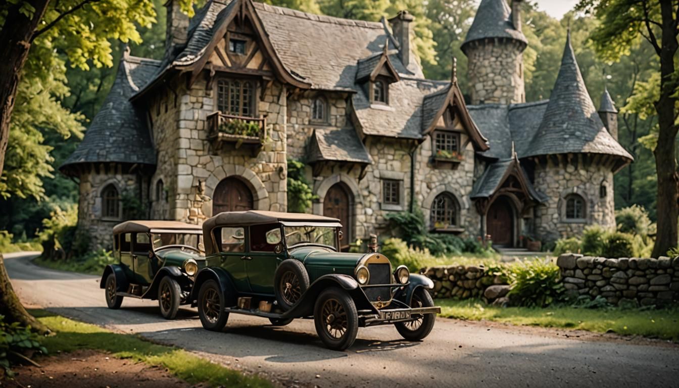 Antique Elven Cars and Cottage in Forest