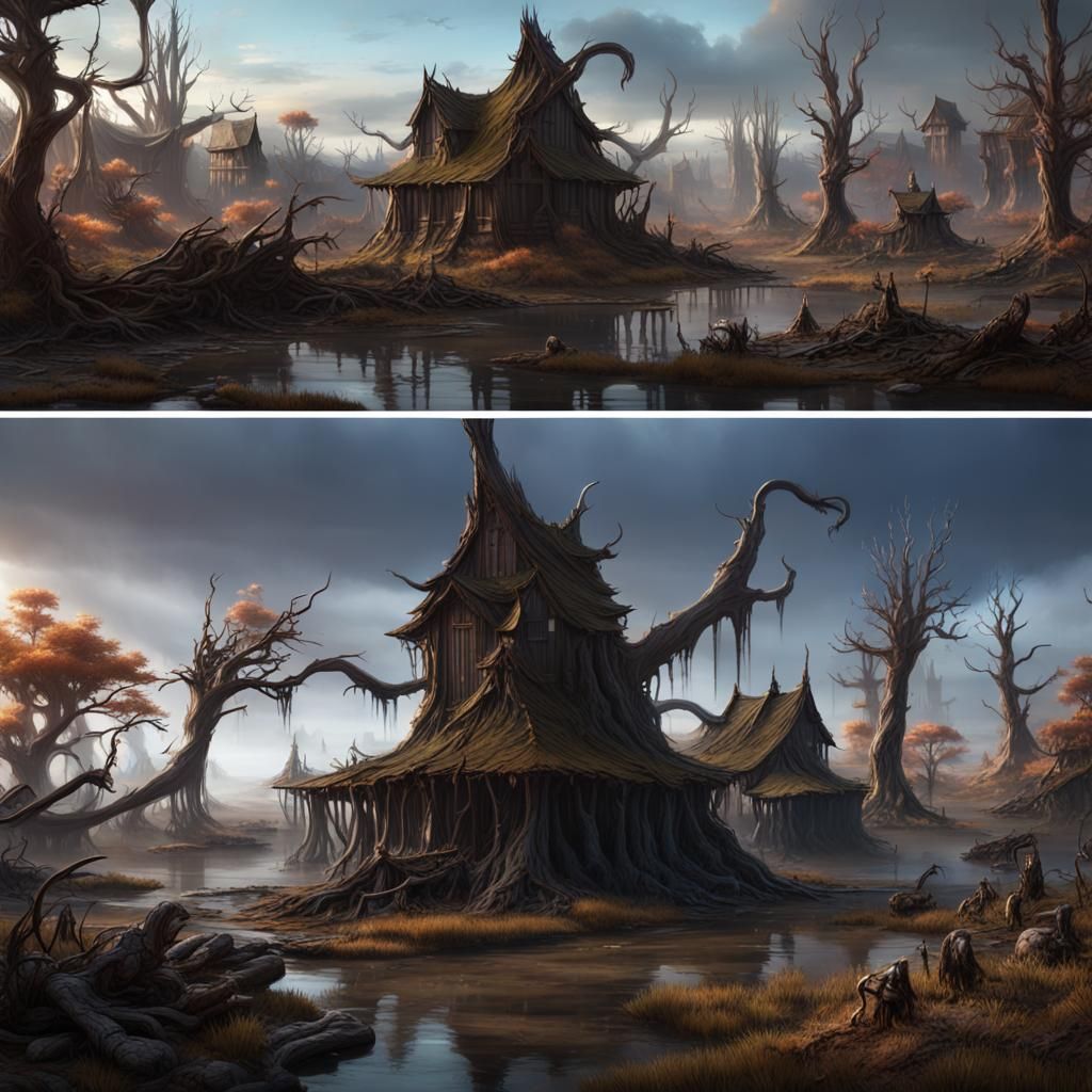 Bog Hag Village in Ominous Fantasy Landscape